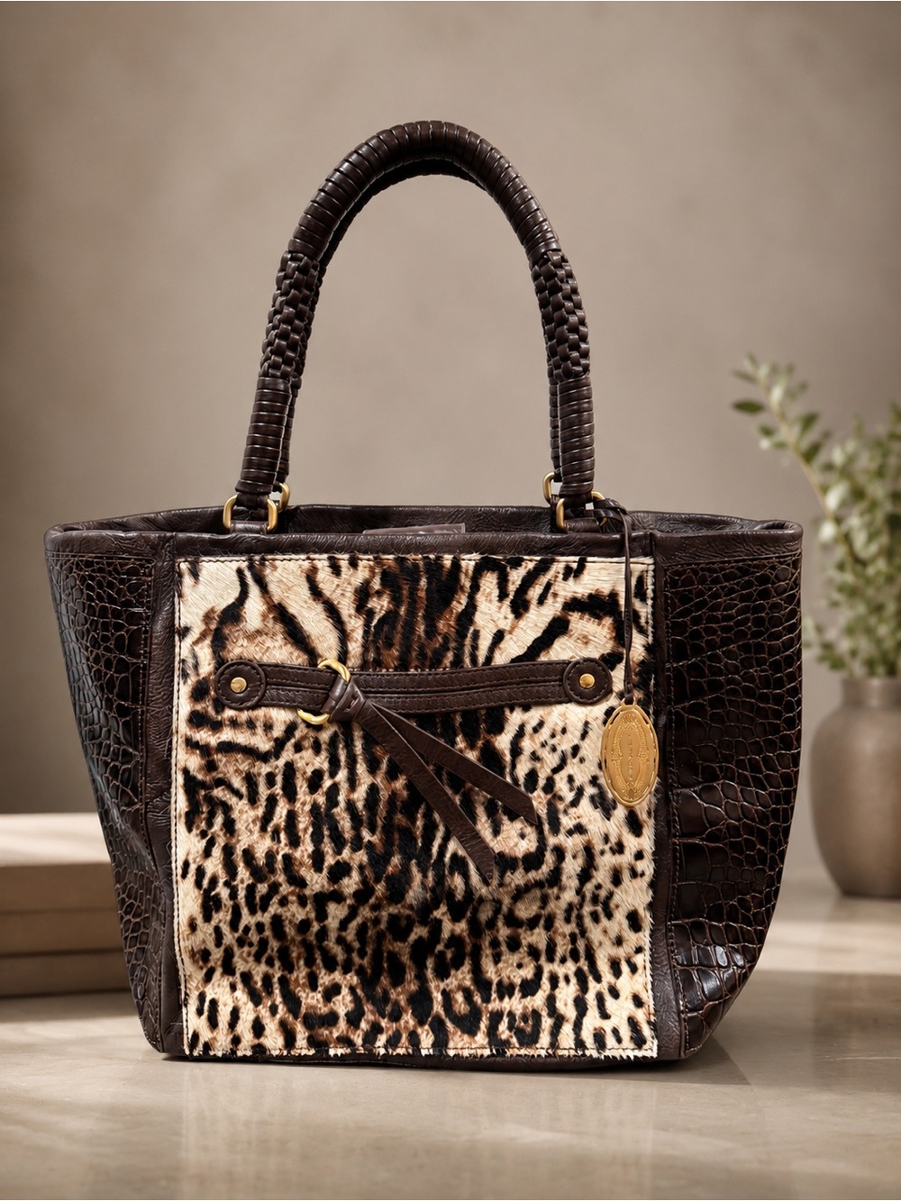 Ellie Tahari Black Pebbled Leather Toto Leopard Design Calf Hair Used ONCE EUC - Picture 2 of 7